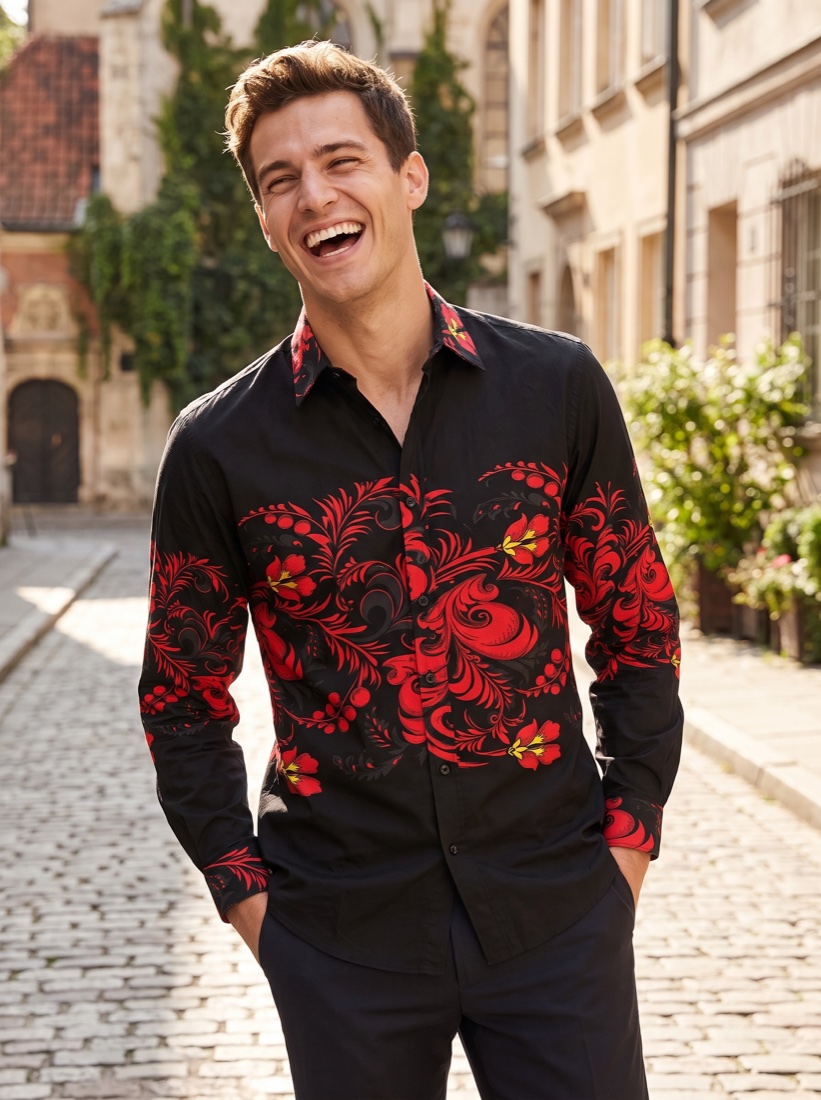 Black button-up shirt with sweeping red folk-art floral banding