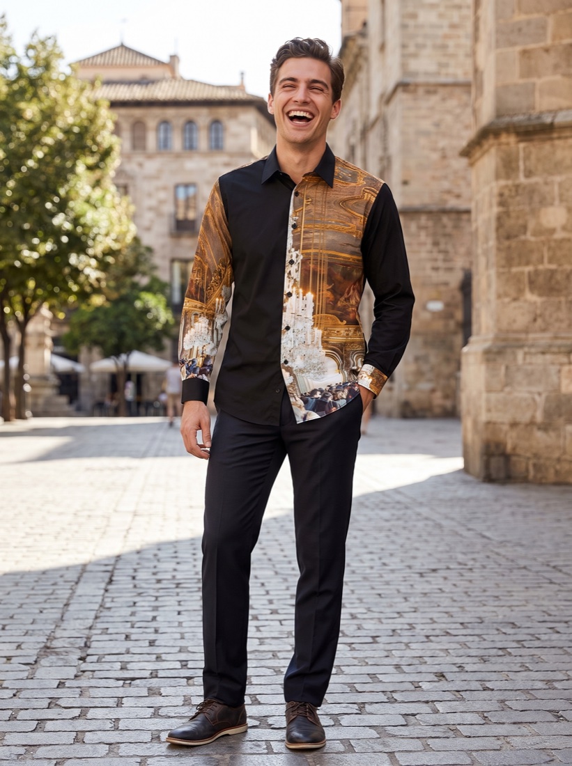 Black button-up shirt printed with a gilded palace hall and chandeliers