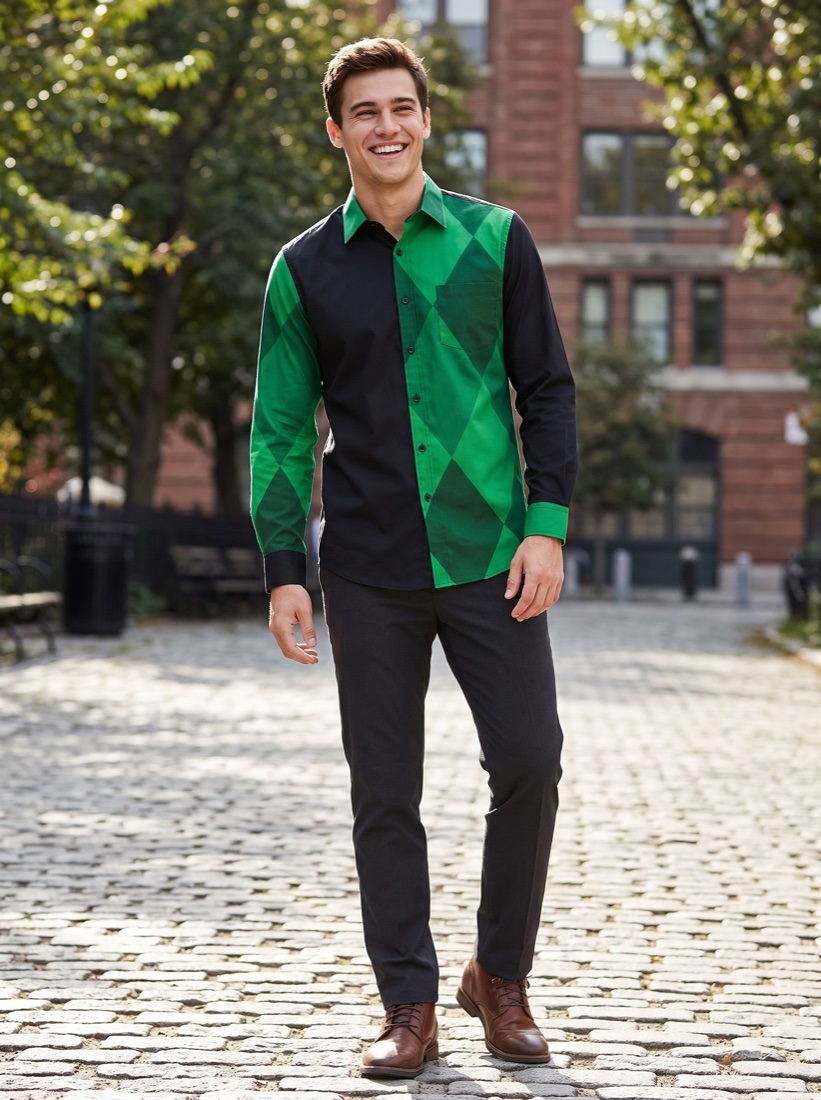 Button-up shirt split between solid black and emerald harlequin diamonds
